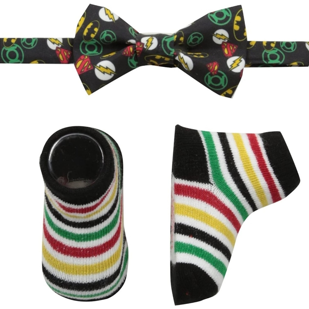 DC Justice League bowtie & sock set, new, size 0-12 mos